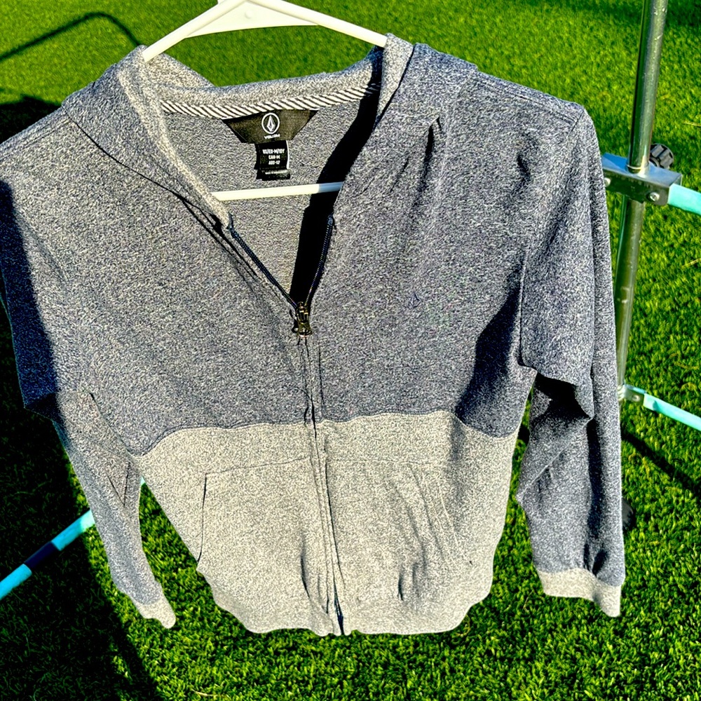 Gray and blue zipper hoodie, long sleeve